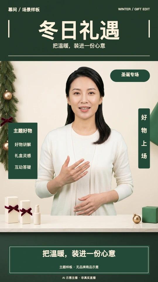 圣诞直播概念，松绿奶油白、AI示意主播与礼赠商品台