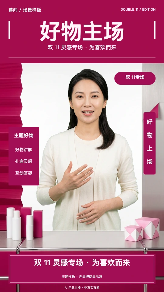 双11直播概念，莓红银色场景与AI示意主播，无虚构价格