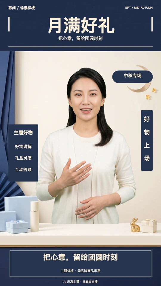 中秋直播概念，月白深蓝场景、AI示意主播与礼赠商品台