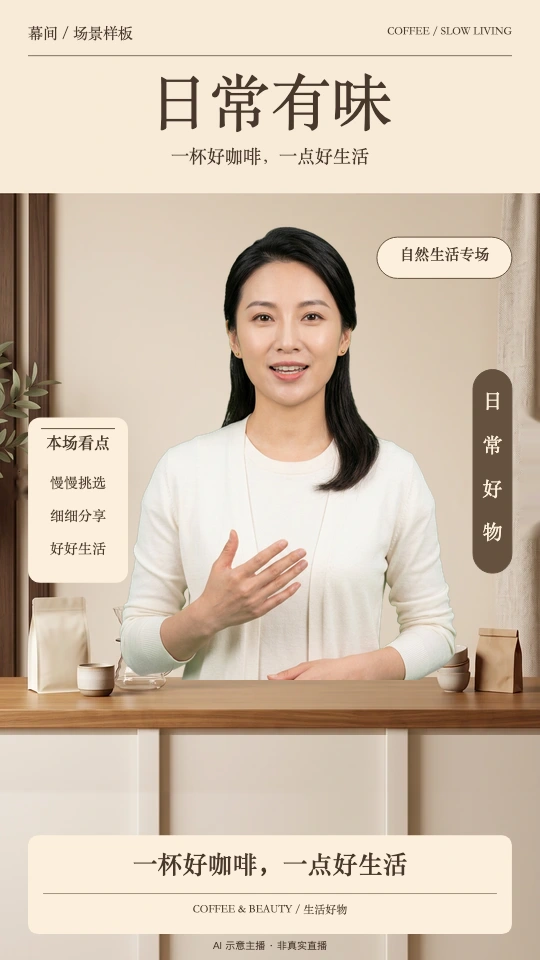 咖啡与自然生活直播概念，木质台面和AI示意主播