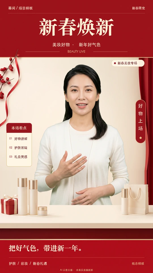 新春美妆概念案例，含AI示意主播与无品牌商品台